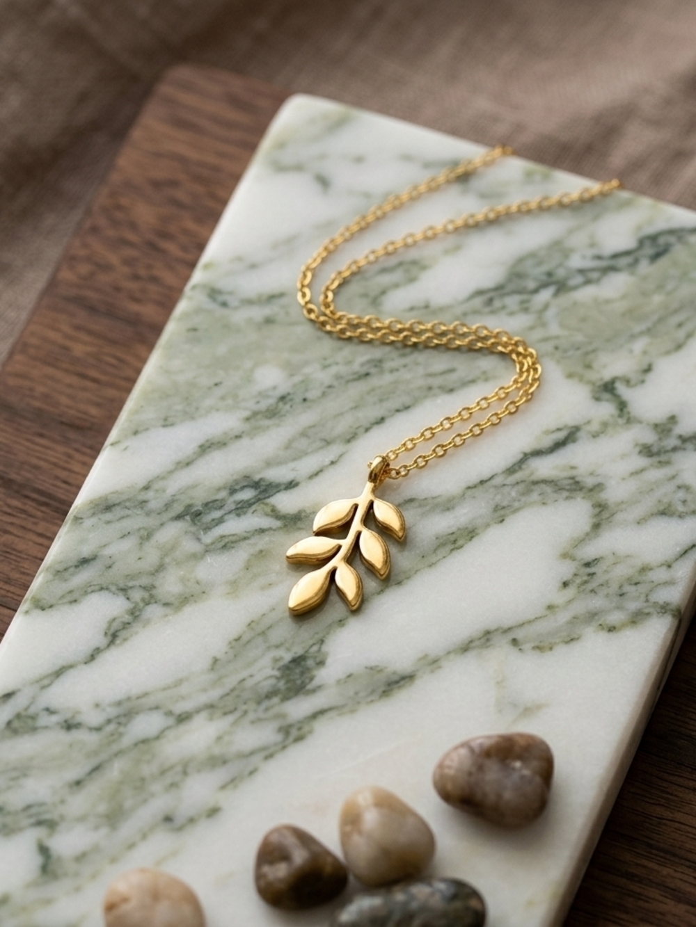 Olive Branch Necklace 18K Gold Plated 17” + 2" Minimalist Leaf Pendant - Picture 3 of 7